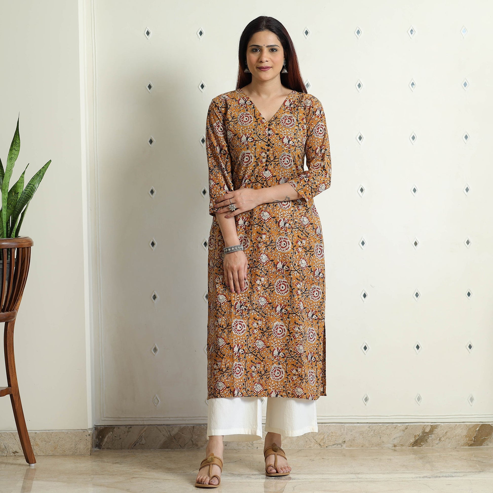 Brown - Bagru Hand Block Printed Cotton Long Straight Kurta