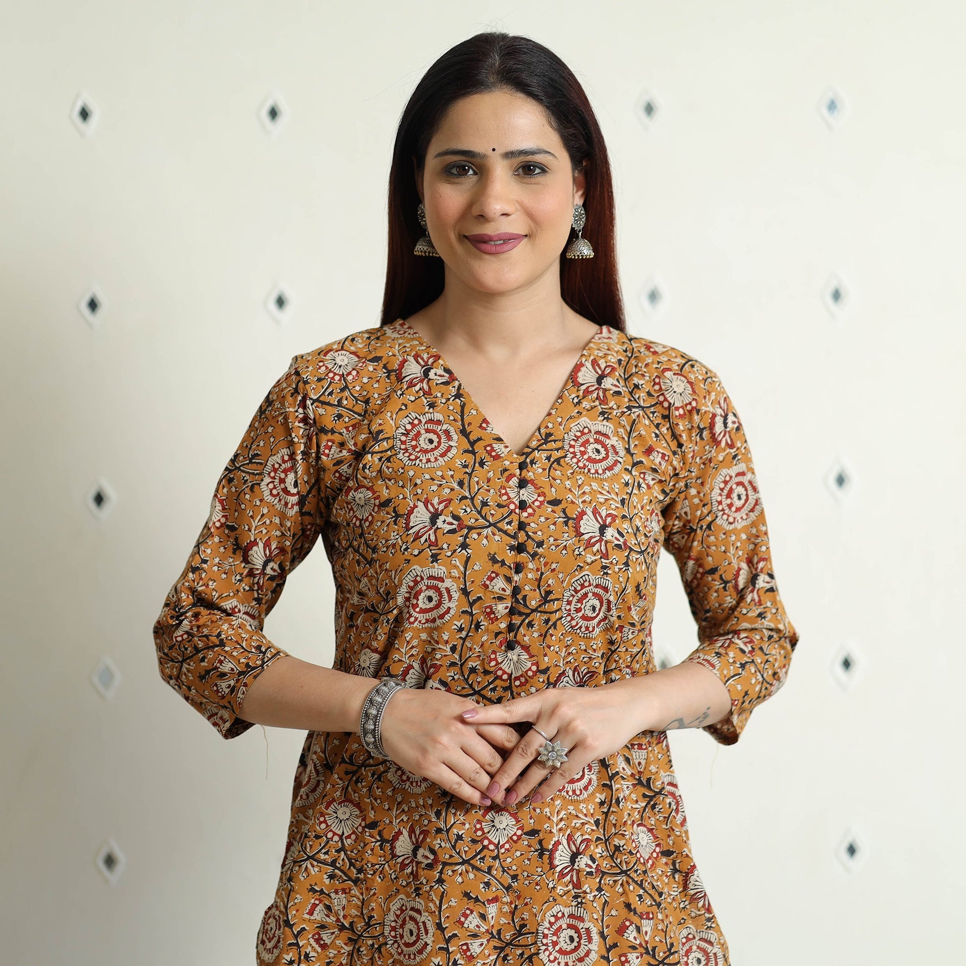 Brown - Bagru Hand Block Printed Cotton Long Straight Kurta