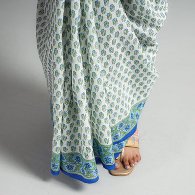 Blue - Block Printed Mul Cotton Sanganeri Saree