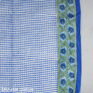 Blue - Block Printed Mul Cotton Sanganeri Saree