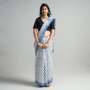 Blue - Block Printed Mul Cotton Sanganeri Saree