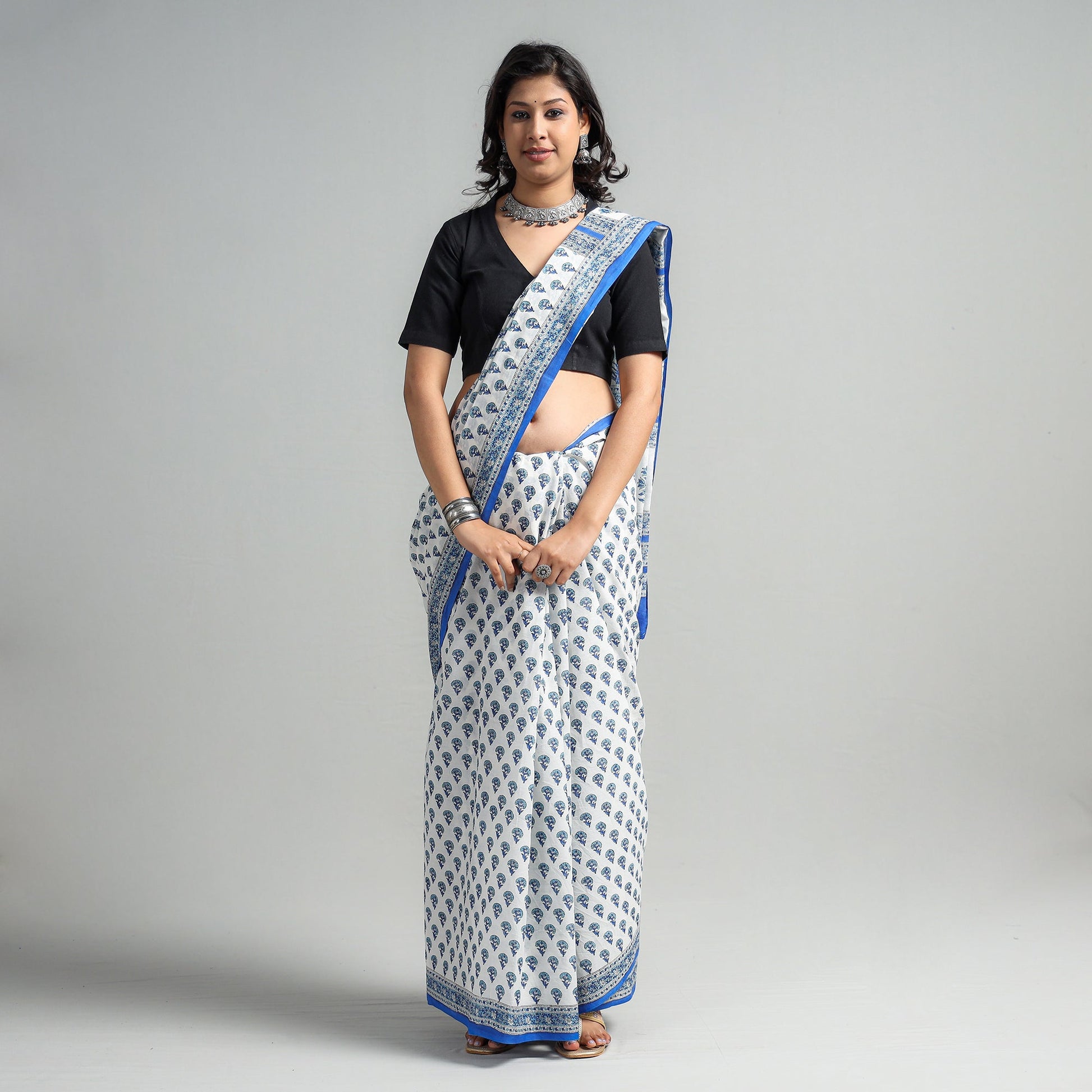 Blue - Block Printed Mul Cotton Sanganeri Saree