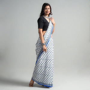 Blue - Block Printed Mul Cotton Sanganeri Saree