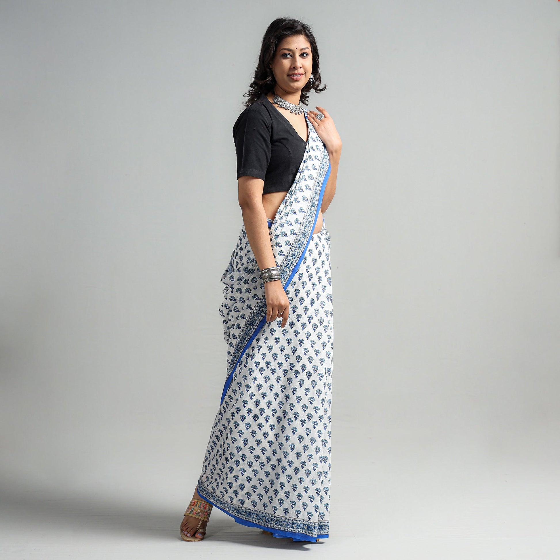 Blue - Block Printed Mul Cotton Sanganeri Saree