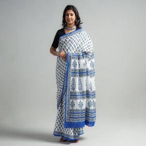 Blue - Block Printed Mul Cotton Sanganeri Saree