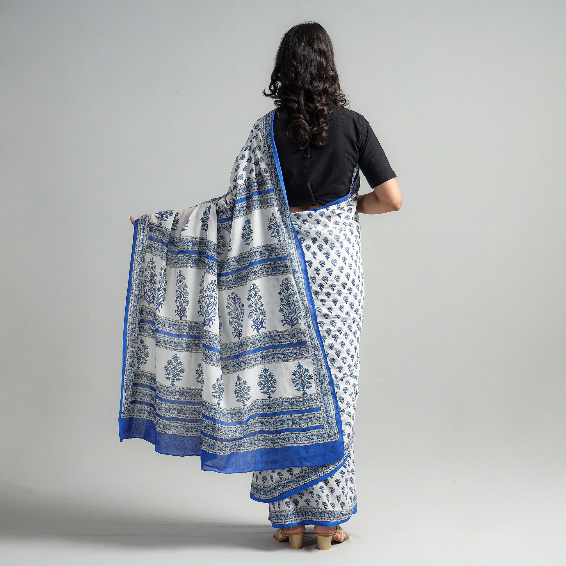 Blue - Block Printed Mul Cotton Sanganeri Saree