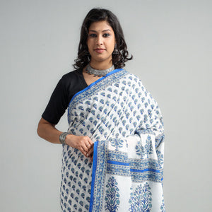 Blue - Block Printed Mul Cotton Sanganeri Saree