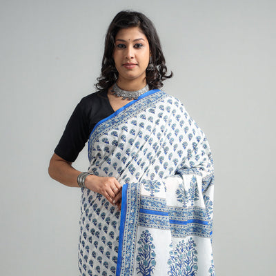 Blue - Block Printed Mul Cotton Sanganeri Saree