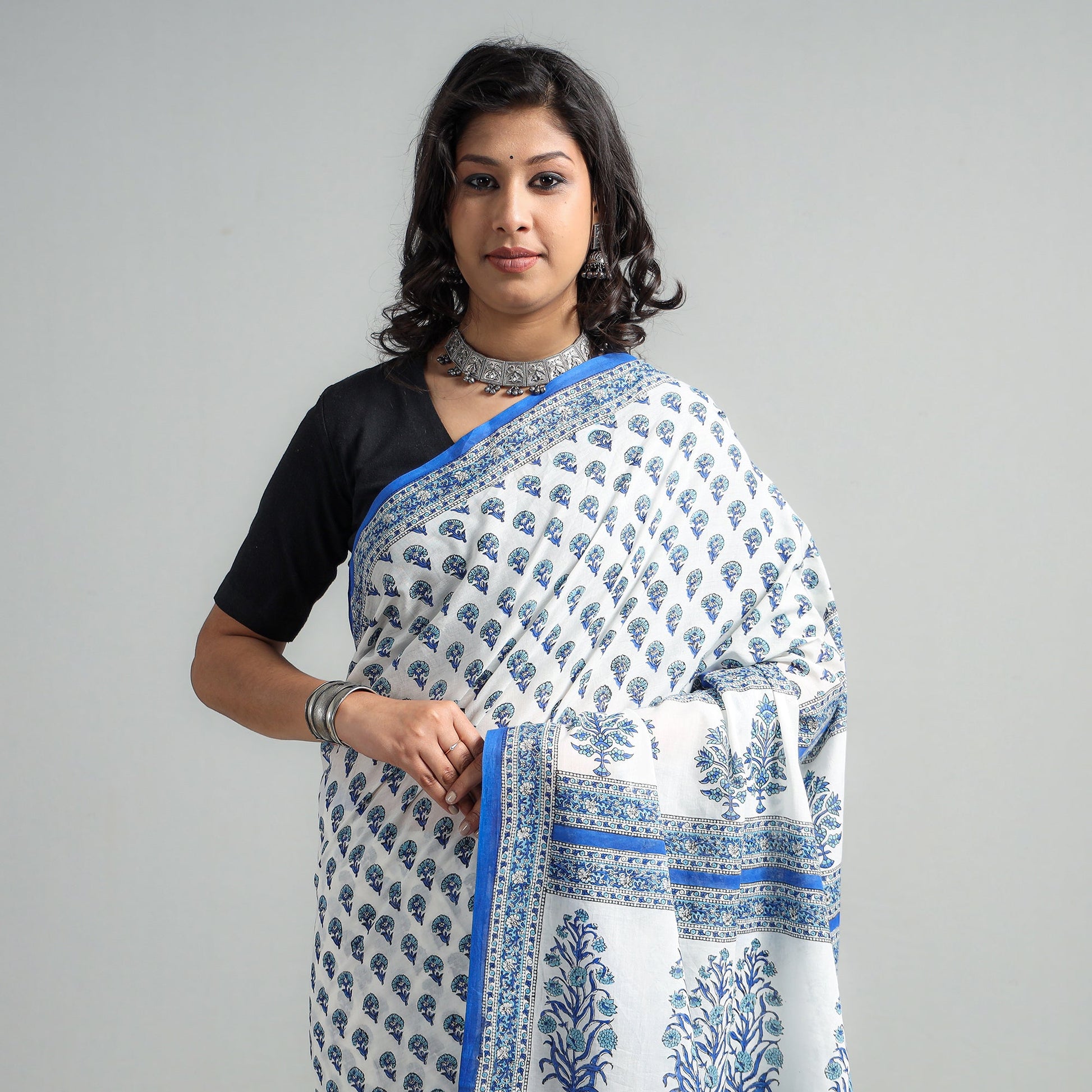 Blue - Block Printed Mul Cotton Sanganeri Saree
