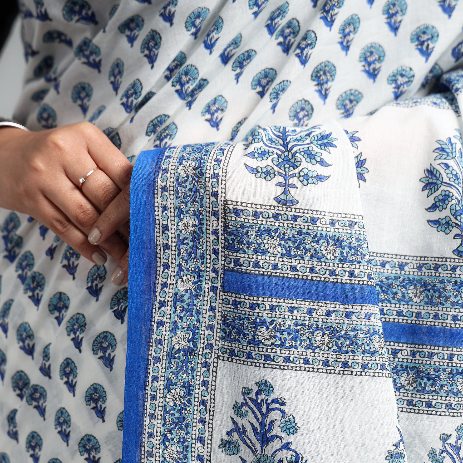 Blue - Block Printed Mul Cotton Sanganeri Saree