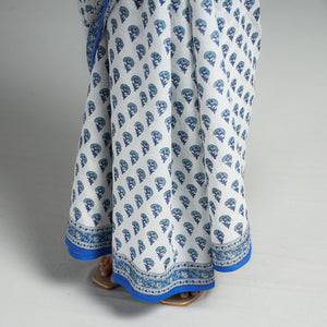 Blue - Block Printed Mul Cotton Sanganeri Saree