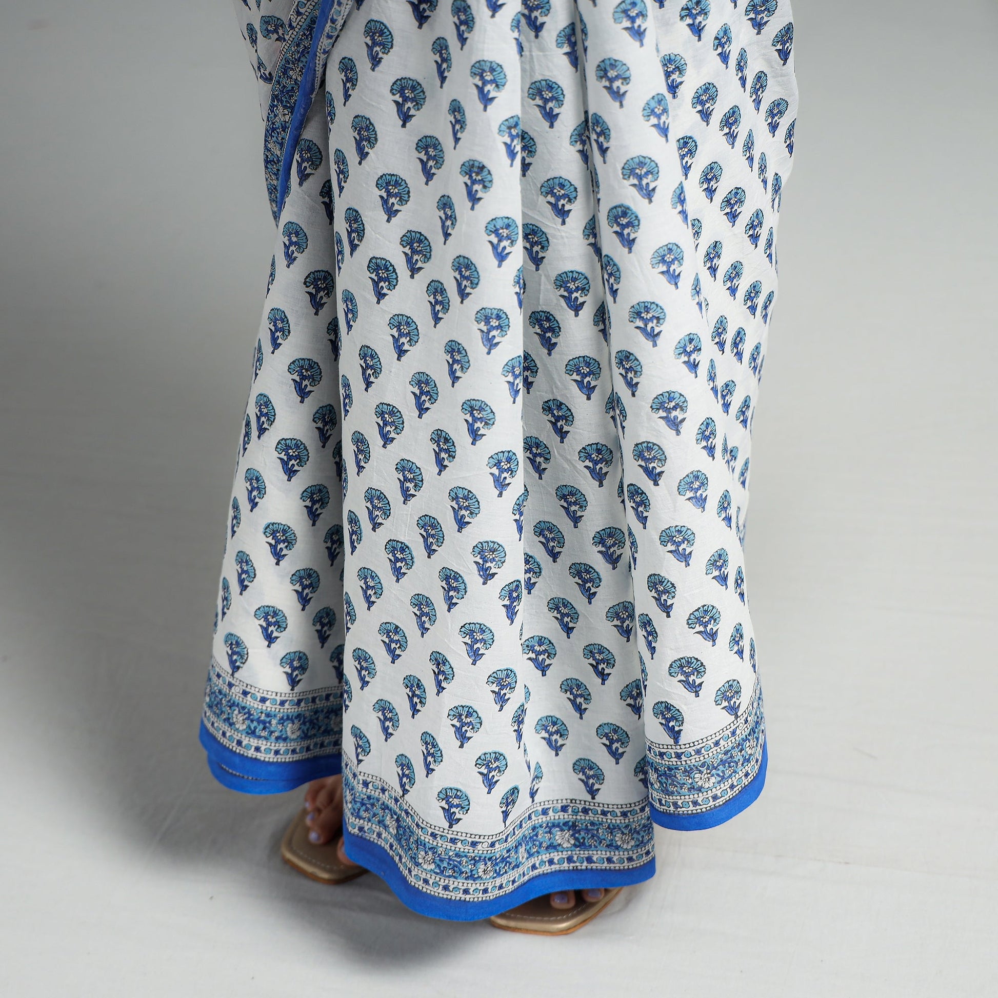 Blue - Block Printed Mul Cotton Sanganeri Saree