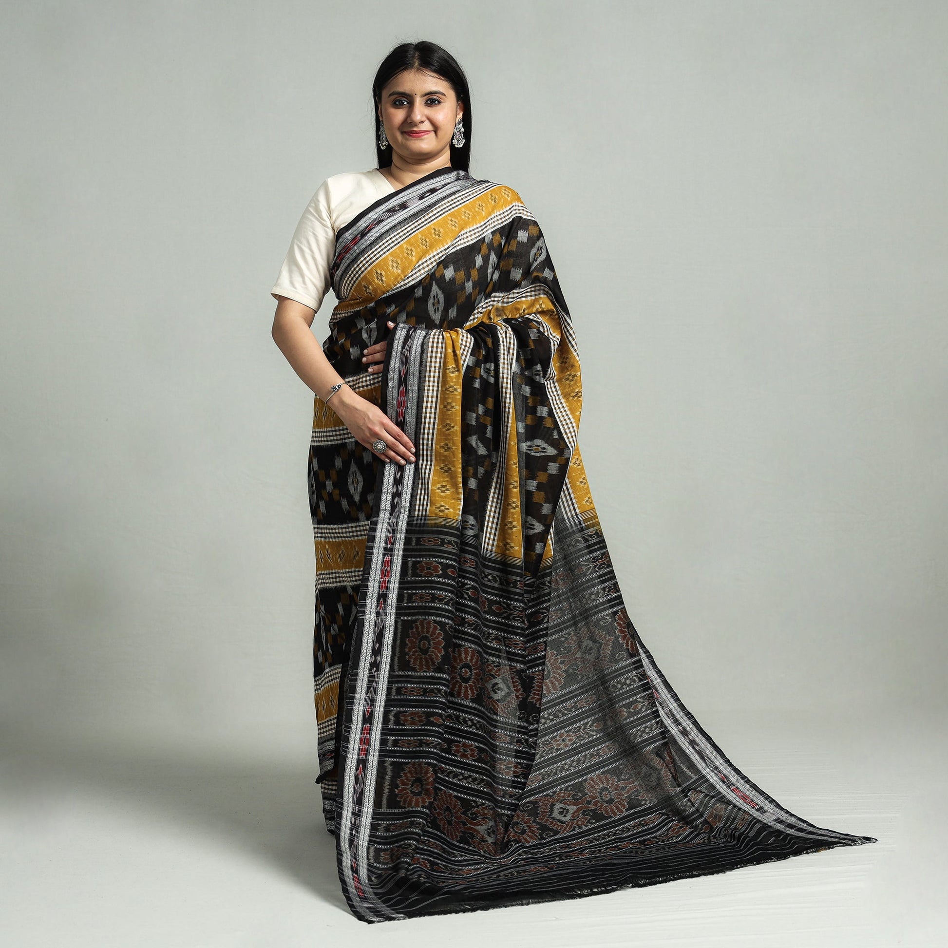 Black - Sambalpuri Double Ikat Weave Handloom Cotton Saree
