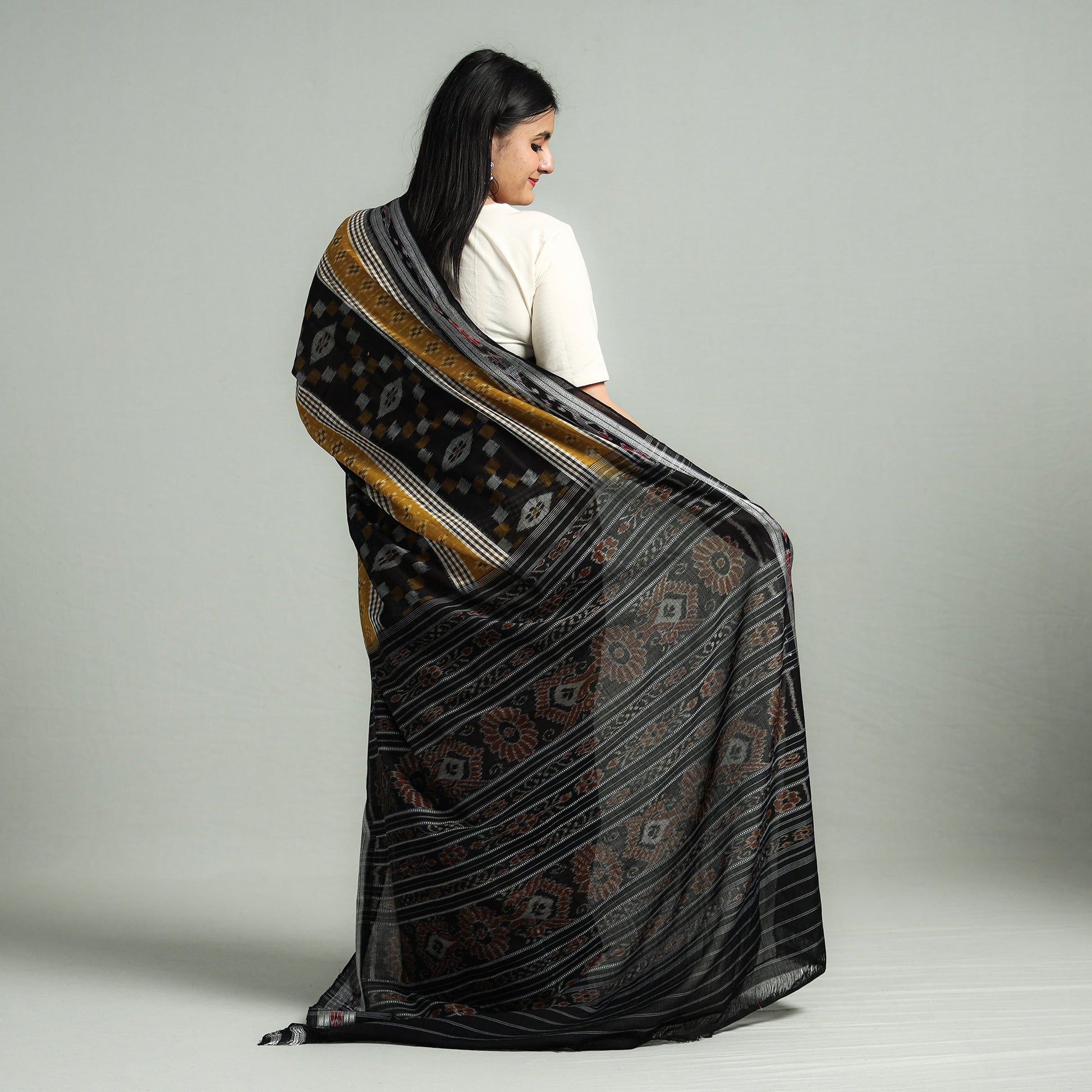 Black - Sambalpuri Double Ikat Weave Handloom Cotton Saree