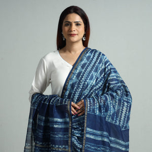 Blue - Akola Dabu Block Printed Handloom Chanderi Silk Dupatta with Zari Border 67