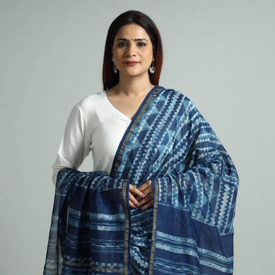 Blue - Akola Dabu Block Printed Handloom Chanderi Silk Dupatta with Zari Border 67