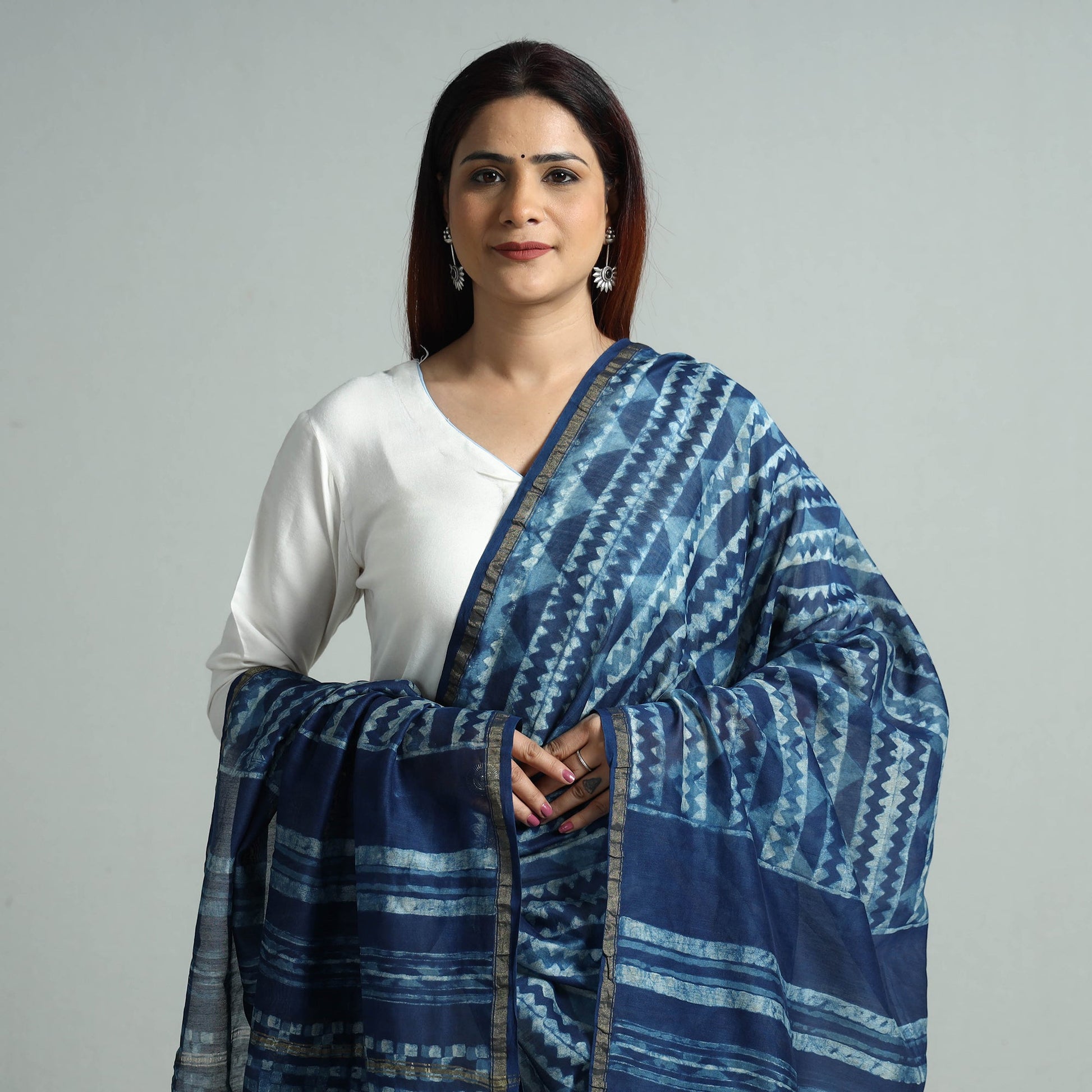 Blue - Akola Dabu Block Printed Handloom Chanderi Silk Dupatta with Zari Border 67