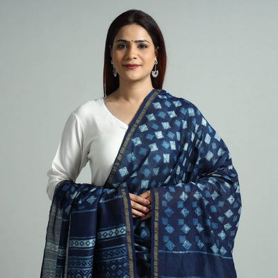 Blue - Akola Dabu Block Printed Handloom Chanderi Silk Dupatta with Zari Border 69