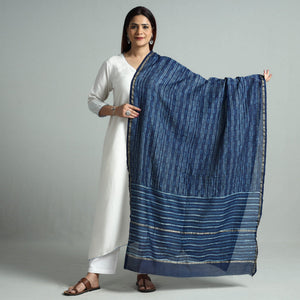 Blue - Akola Dabu Block Printed Handloom Chanderi Silk Dupatta with Zari Border 73