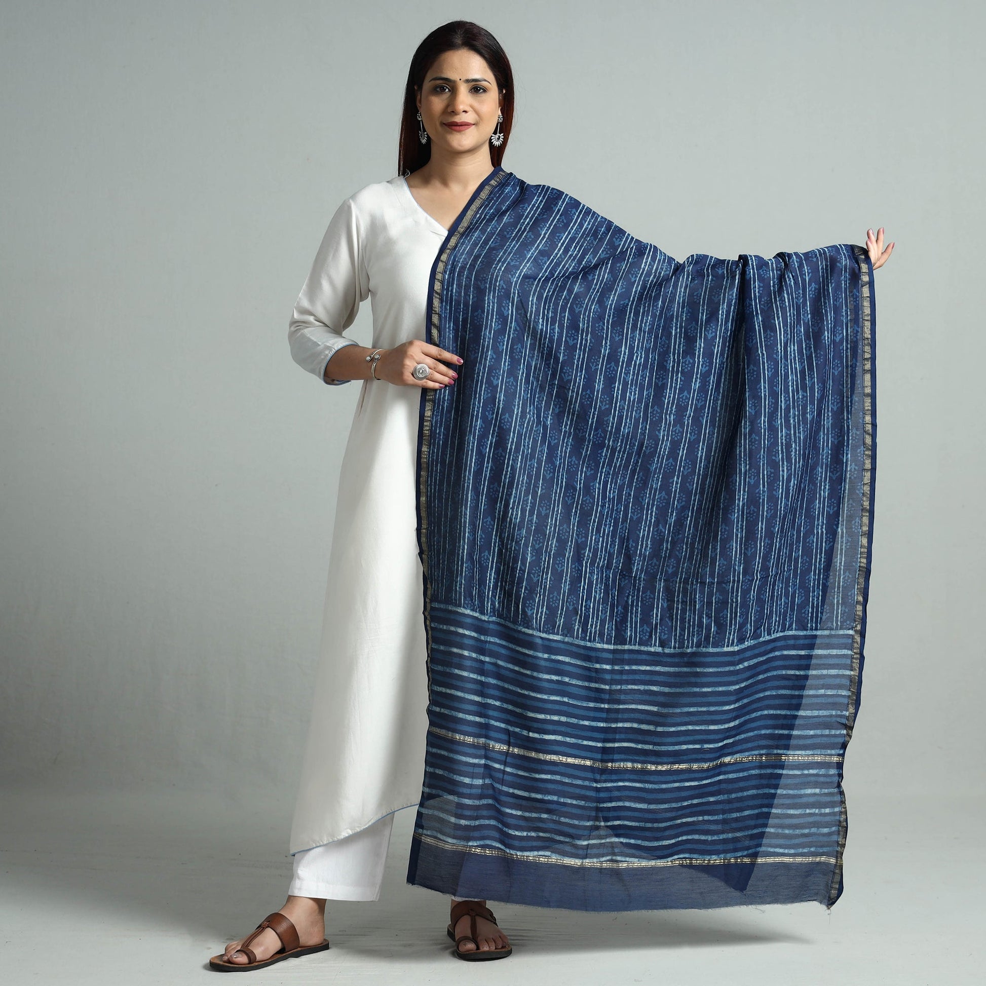 Blue - Akola Dabu Block Printed Handloom Chanderi Silk Dupatta with Zari Border 73