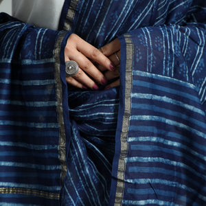 Blue - Akola Dabu Block Printed Handloom Chanderi Silk Dupatta with Zari Border 73