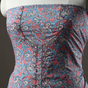 Blue - Embroidered Sanganeri Block Print Cotton Kurta Material with Beads - 2.5 Meter