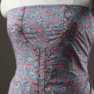 Blue - Embroidered Sanganeri Block Print Cotton Kurta Material with Beads - 2.5 Meter