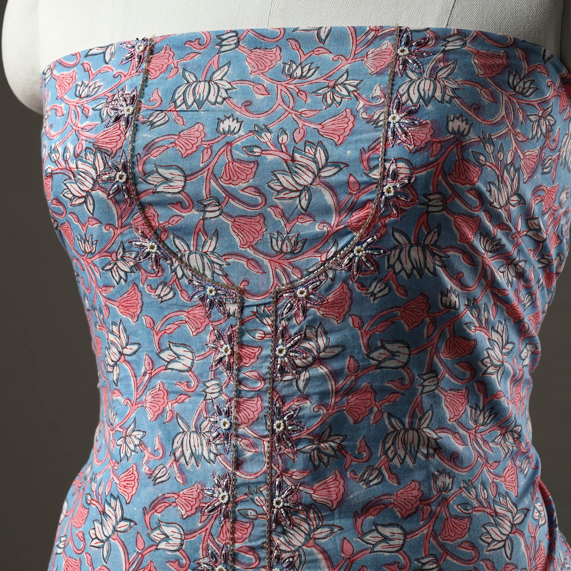 Blue - Embroidered Sanganeri Block Print Cotton Kurta Material with Beads - 2.5 Meter