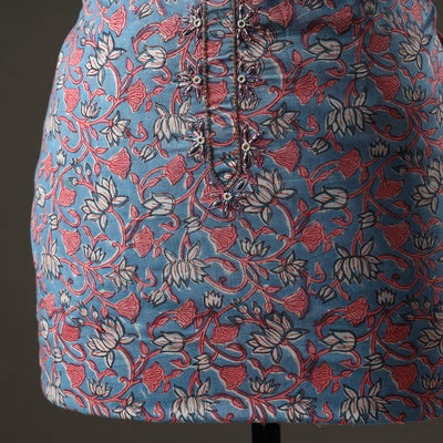Blue - Embroidered Sanganeri Block Print Cotton Kurta Material with Beads - 2.5 Meter