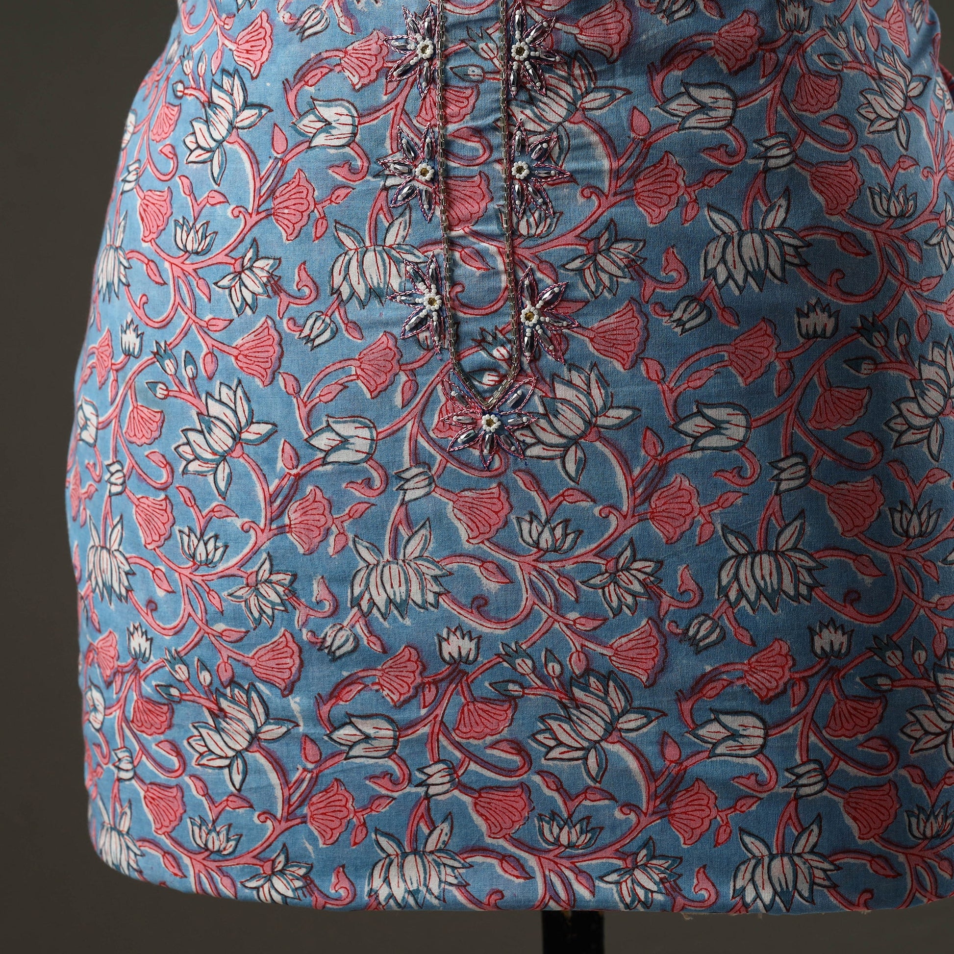 Blue - Embroidered Sanganeri Block Print Cotton Kurta Material with Beads - 2.5 Meter