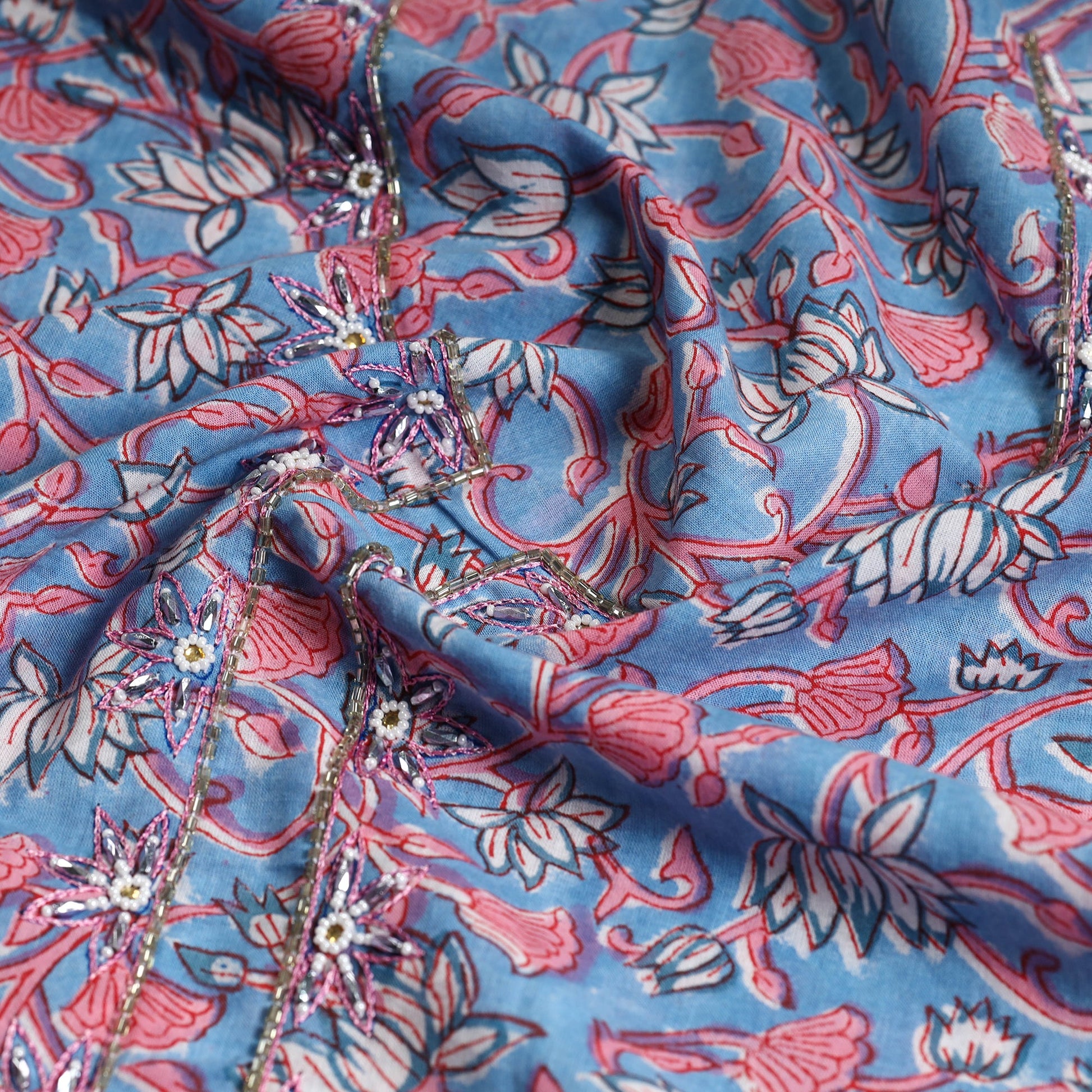Blue - Embroidered Sanganeri Block Print Cotton Kurta Material with Beads - 2.5 Meter