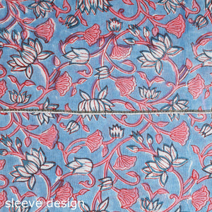 Blue - Embroidered Sanganeri Block Print Cotton Kurta Material with Beads - 2.5 Meter