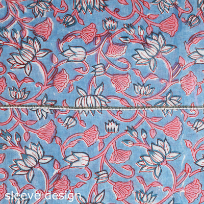 Blue - Embroidered Sanganeri Block Print Cotton Kurta Material with Beads - 2.5 Meter