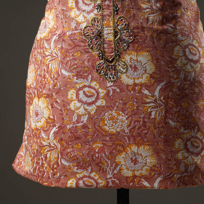 Brown - Embroidered Sanganeri Block Print Cotton Kurta Material with Beads - 2.5 Meter