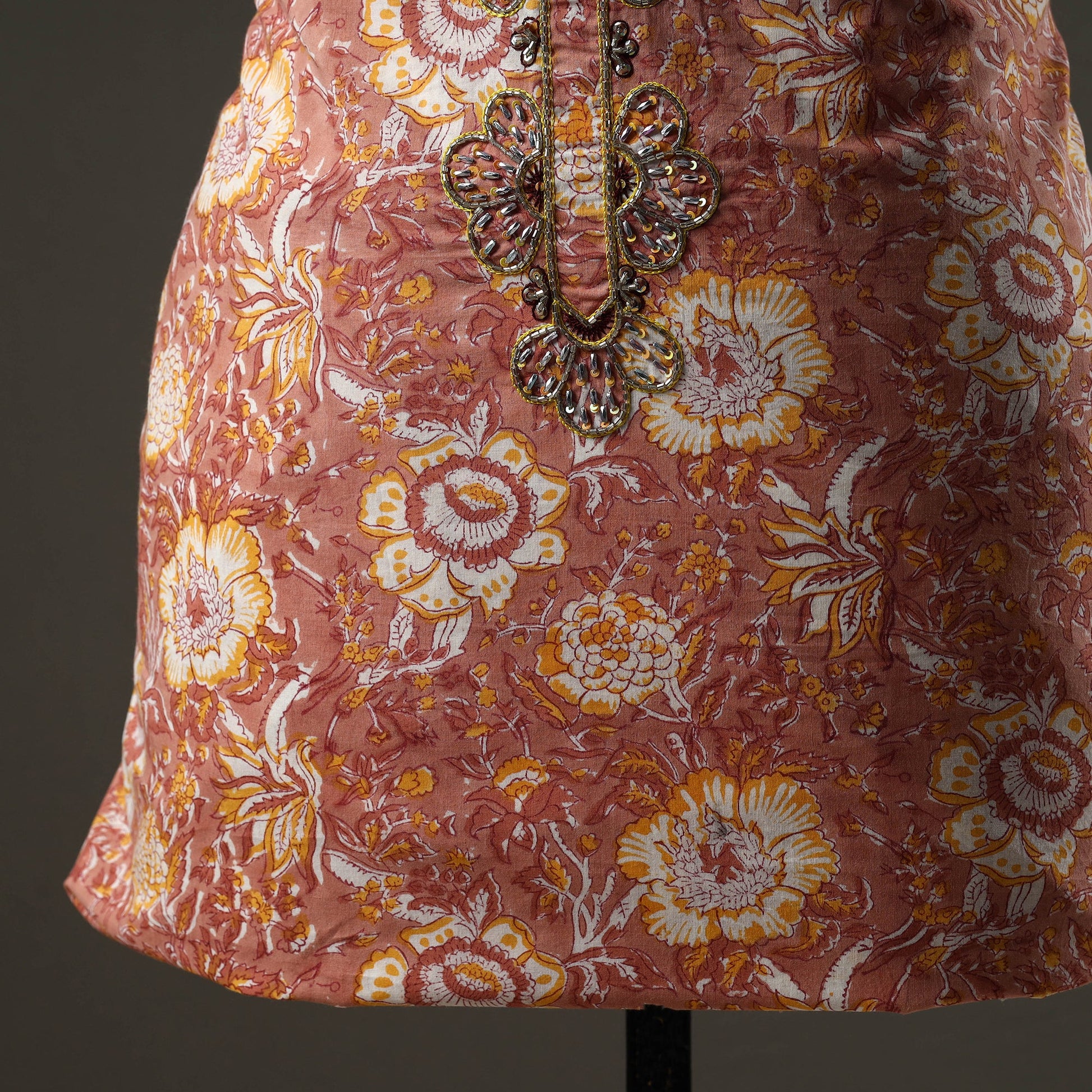 Brown - Embroidered Sanganeri Block Print Cotton Kurta Material with Beads - 2.5 Meter