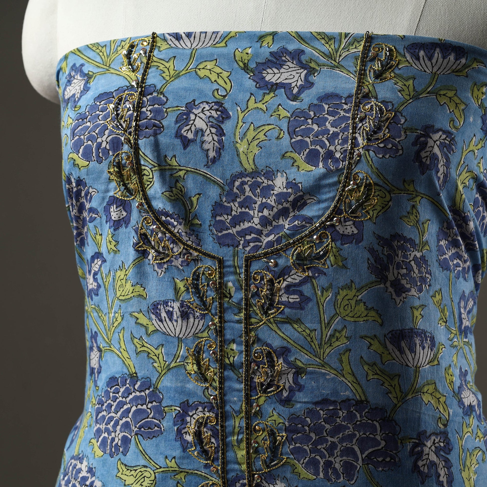 Blue - Embroidered Sanganeri Block Print Cotton Kurta Material with Beads - 2.5 Meter