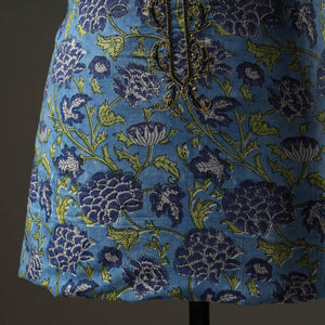 Blue - Embroidered Sanganeri Block Print Cotton Kurta Material with Beads - 2.5 Meter