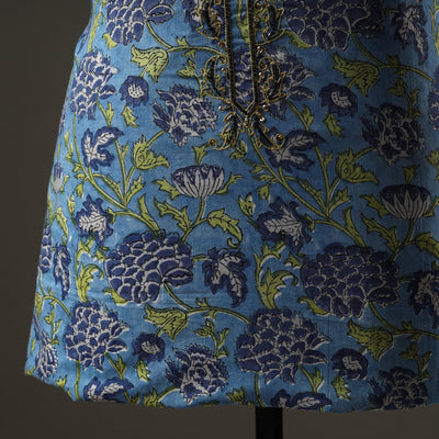 Blue - Embroidered Sanganeri Block Print Cotton Kurta Material with Beads - 2.5 Meter