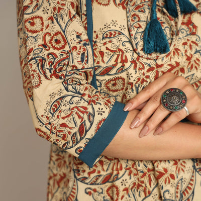 Beige - Pedana Kalamkari Block Printed Cotton Kurta with Palazzo Set