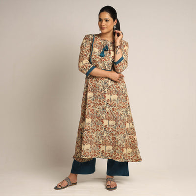 Beige - Pedana Kalamkari Block Printed Cotton Kurta with Palazzo Set