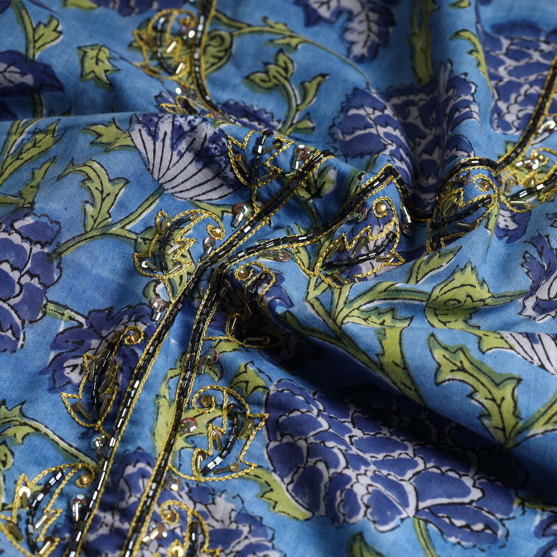 Blue - Embroidered Sanganeri Block Print Cotton Kurta Material with Beads - 2.5 Meter