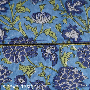 Blue - Embroidered Sanganeri Block Print Cotton Kurta Material with Beads - 2.5 Meter
