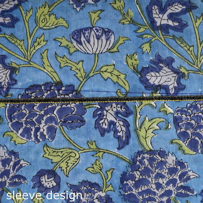 Blue - Embroidered Sanganeri Block Print Cotton Kurta Material with Beads - 2.5 Meter