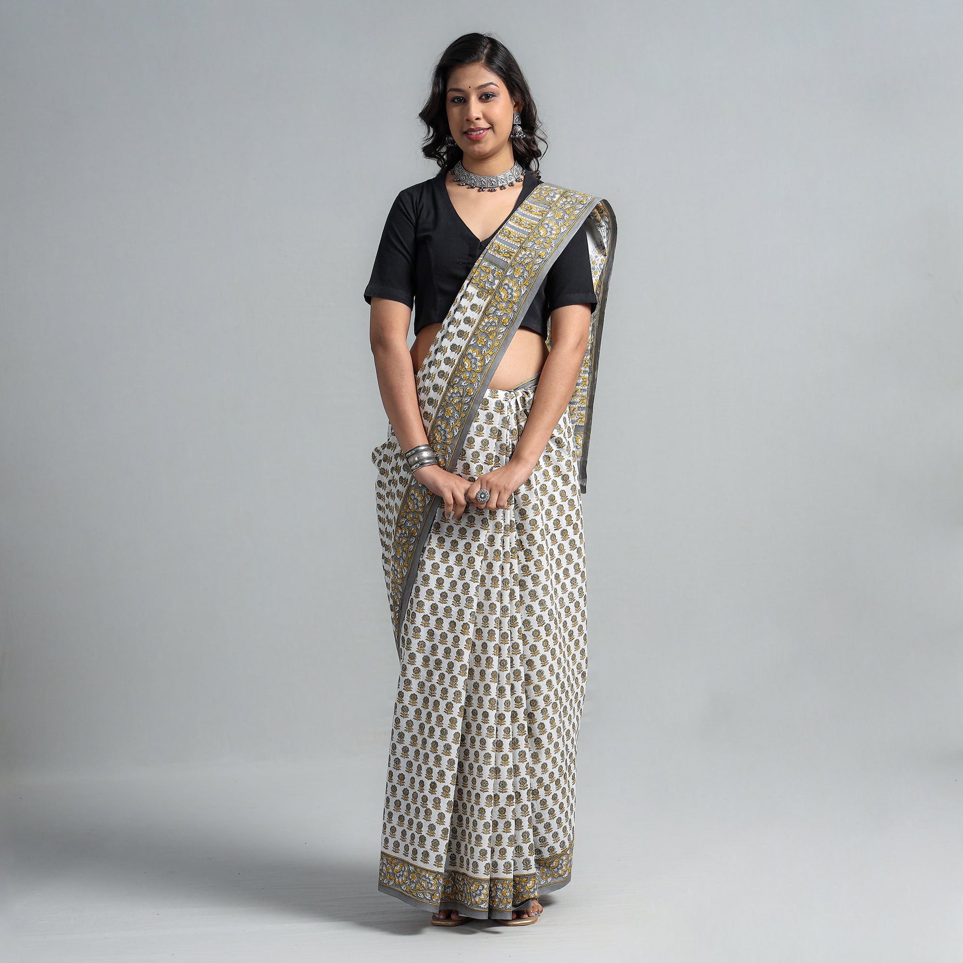 Brown - Block Printed Mul Cotton Sanganeri Saree