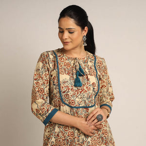 Beige - Pedana Kalamkari Block Printed Cotton Kurta with Palazzo Set