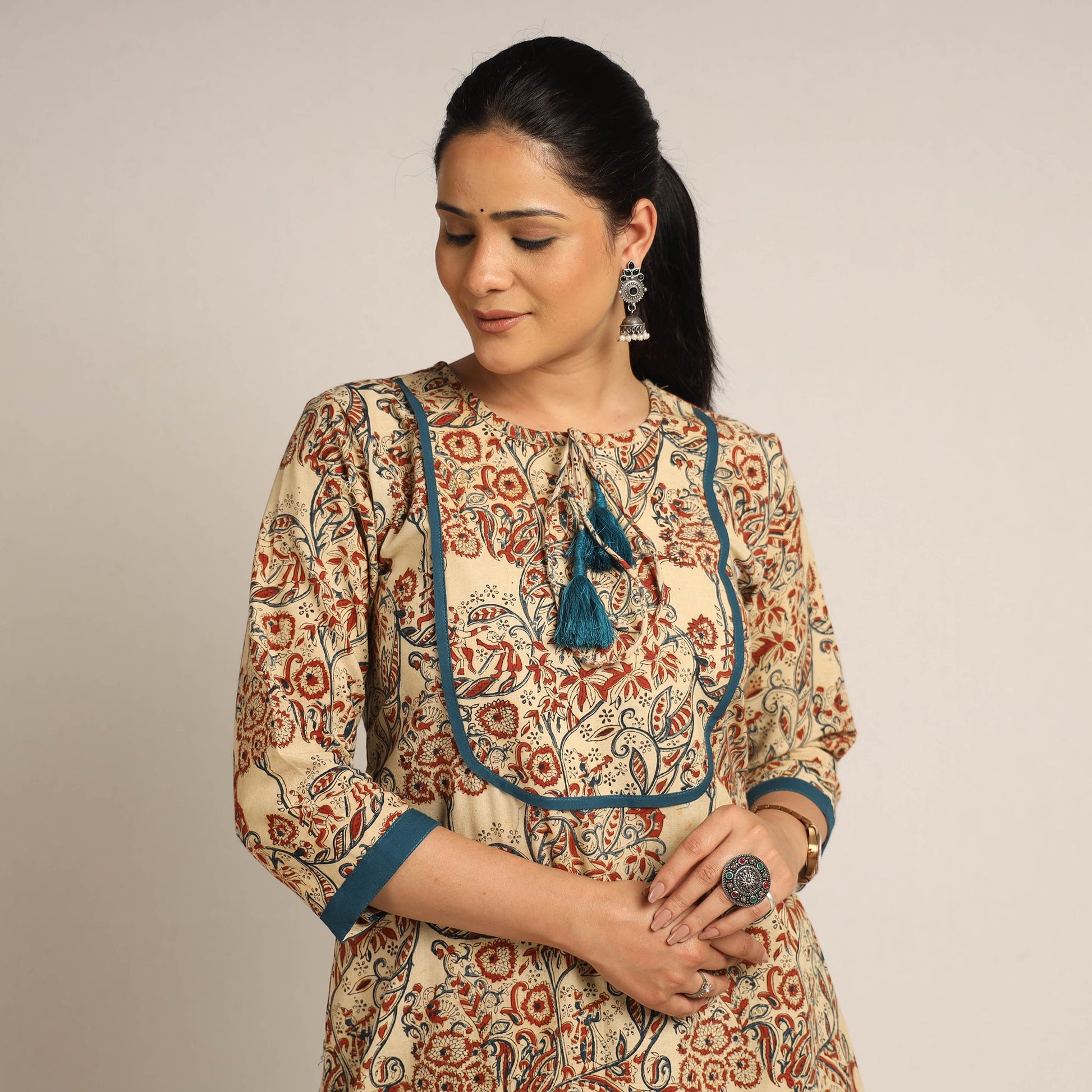 Beige - Pedana Kalamkari Block Printed Cotton Kurta with Palazzo Set