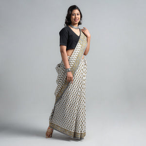 Brown - Block Printed Mul Cotton Sanganeri Saree