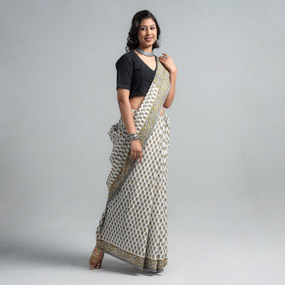 Brown - Block Printed Mul Cotton Sanganeri Saree