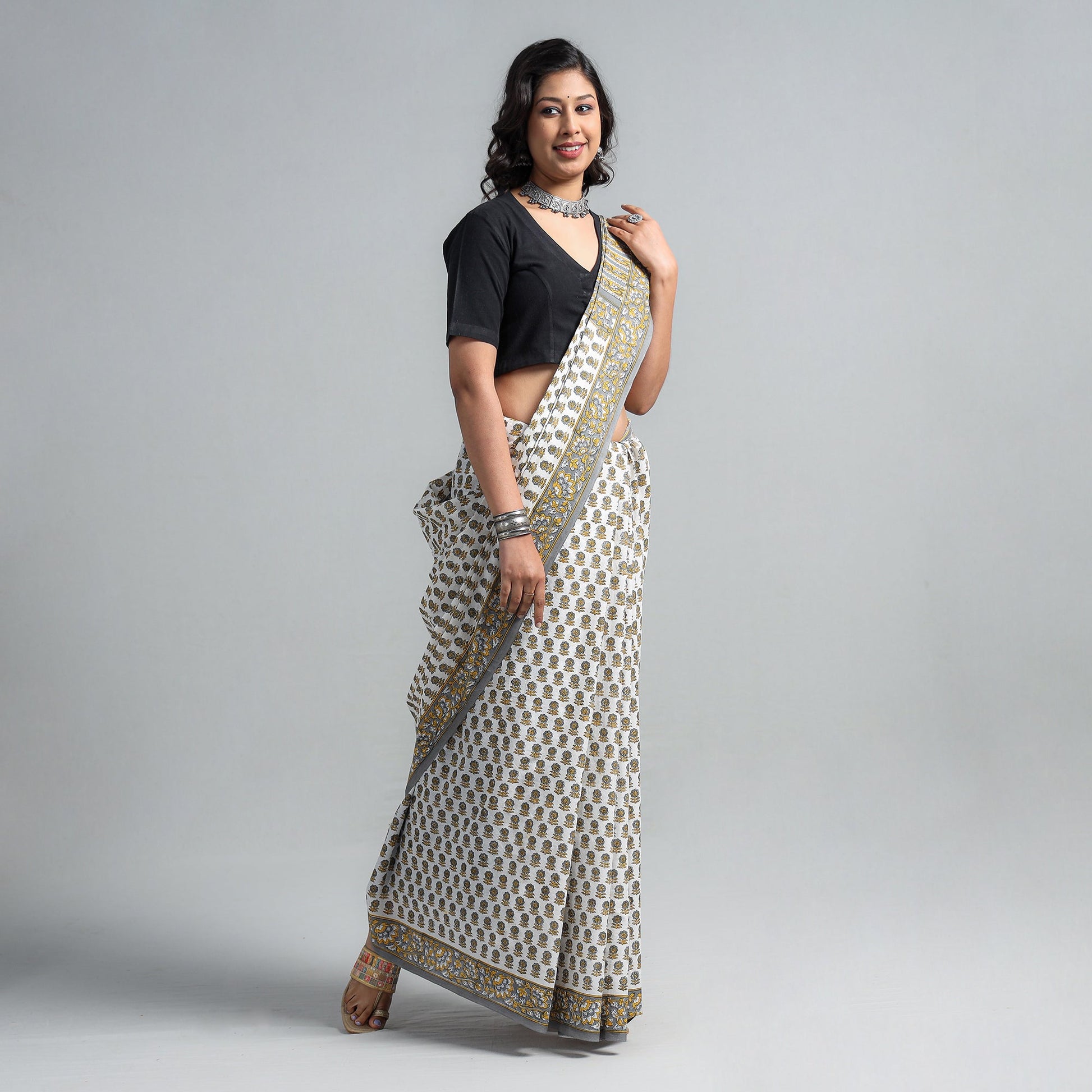 Brown - Block Printed Mul Cotton Sanganeri Saree