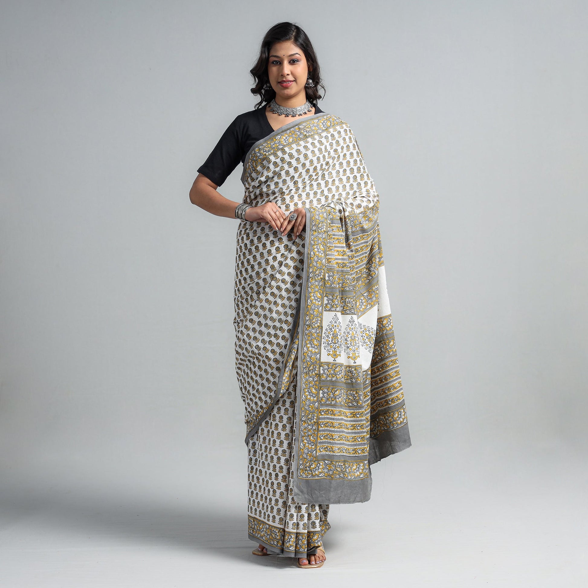 Brown - Block Printed Mul Cotton Sanganeri Saree
